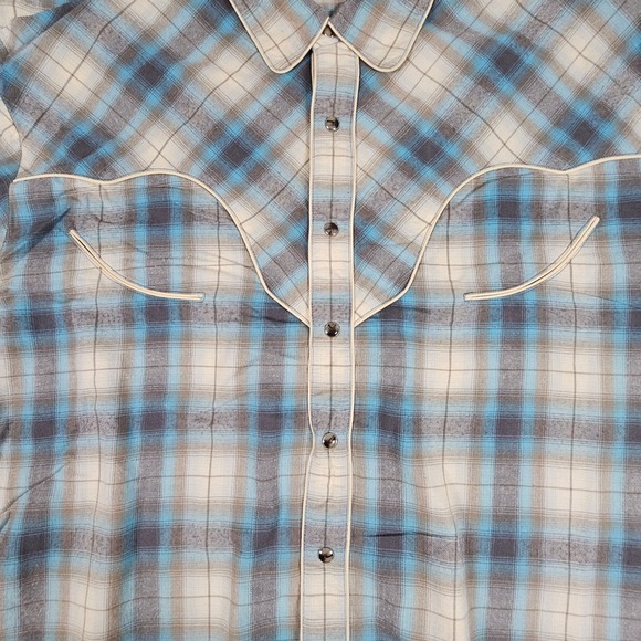 Scully Western Plaid Long Sleeve Snap Button‎ Shirt Men's Large Blue Gray Cream - Picture 4 of 8